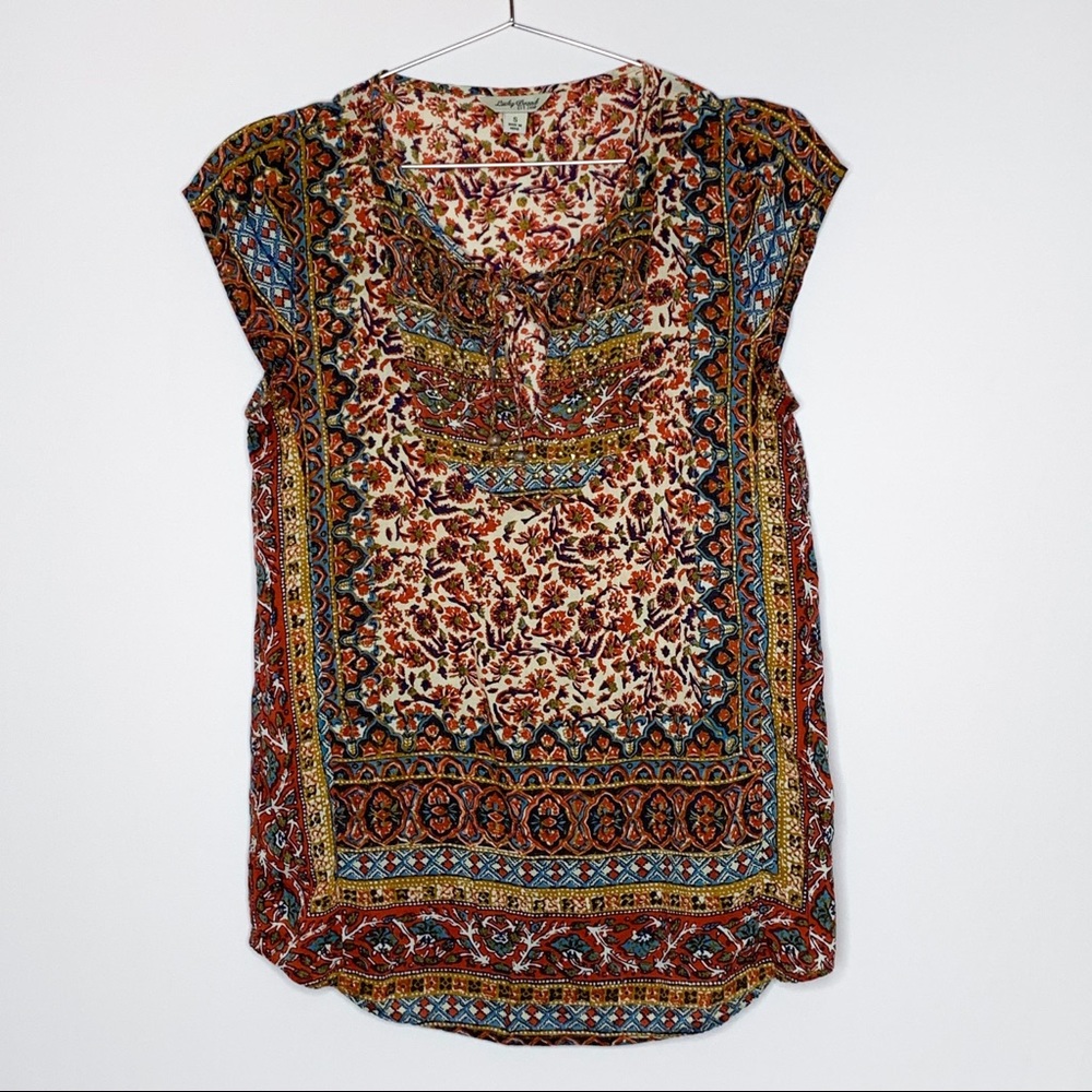 Lucky Brand Boho Floral Print Blouse Cap Sleeve Red Mustard | Size S